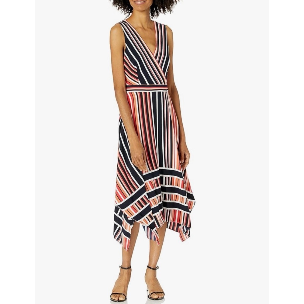 NWT KARL LAGERFELD | Striped‎ Hammered Crepe Asymmetrical Hem Midi Dress Sz. 4